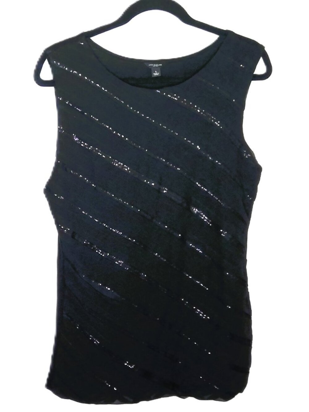 Ann Taylor Dressy Black Top Sequins & Mesh Textured Chiffon Front Stretch Back L